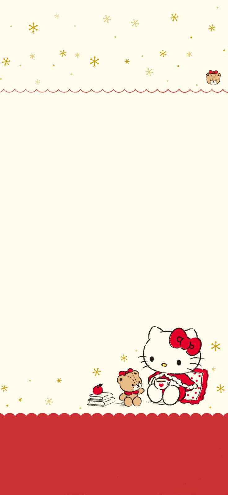 hello kitty and her teddy bear are sitting on the edge of a red tablecloth