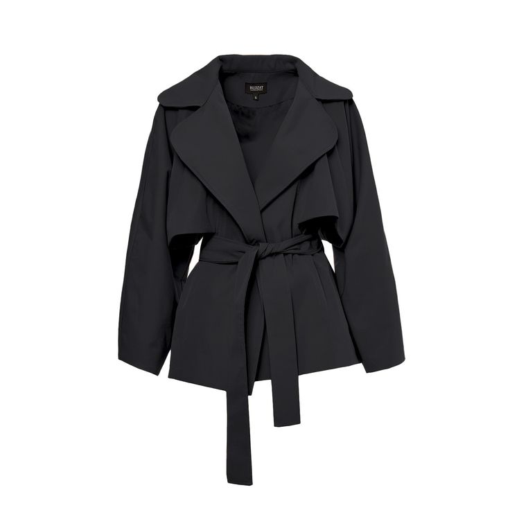 Introducing our mini trench coat, a stylish twist on a classic silhouette. With its wide notch lapels and long sleeves, this coat exudes timeless sophistication. The detachable waist belt allows for versatile styling options, cinching the waist for a flattering silhouette or leaving it open for a more relaxed look. The straight hem adds to its clean and tailored aesthetic, making it a versatile piece for any wardrobe. Whether you're layering it over a dress for a polished ensemble or pairing it with jeans for a casual chic look, this mini trench coat is sure to elevate your style. dry clean only Trench Coats Women Black, Timeless Outfit Ideas, Short Winter Coats Women, Short Black Trench Coat Outfit, Black Coat Short, Fall Coats For Women, Short Coats For Women, Short Trench Coat Women, Long Jacket Women