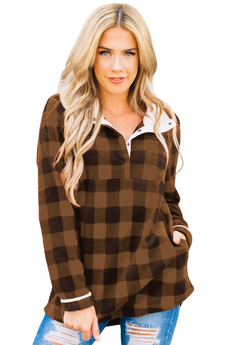 Brown Plaid Fleece Pullover Sweatshirt Brown Long Sleeve Casual Sweatshirt, Brown Fleece Long Sleeve Sweatshirt, Brown Long Sleeve Fleece Sweatshirt, Casual Brown Fleece Top, Cozy Fit Brown Tops For Loungewear, Brown Fleece Sweatshirt For Fall, Brown Fleece Sweater For Fall, Brown Long Sleeve Sweatshirt, Brown Fleece Winter Top