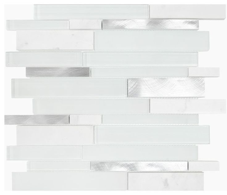 white glass tile with silver foil on the bottom and one in the middle, against a white background