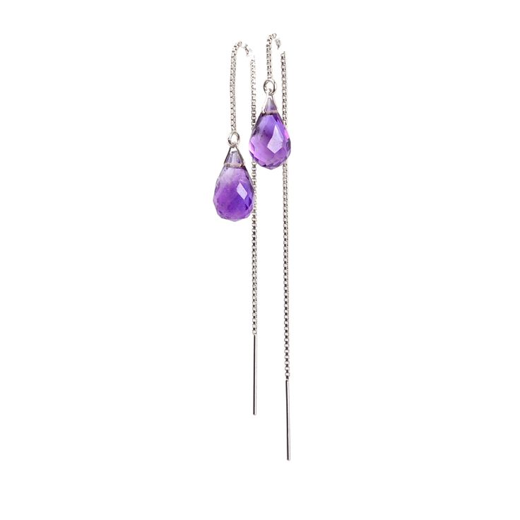 "Amethyst Threader earrings made with natural purple Amethyst gemstones. Wonderful February Birthday gift, a gift for the wife for the 6th and 17th wedding anniversary. Gift for mom, bride or just yourself. Threader earrings can be worn weaved through a second ear piercing hole for a unique and chic style. Matching necklace: https://etsy.me/3bNJdws MATERIALS: * natural amethyst * dangling from: thread-through or U-shape threaders * 14k Gold Filled / 14k Rose Gold Filled / Sterling Silver / 14k S Fine Jewelry Amethyst Earrings For Pierced Ears, Purple Briolette Fine Jewelry Earrings, Amethyst Long Drop Earrings For Pierced Ears, Amethyst Drop Earrings Fine Jewelry, Fine Jewelry Amethyst Drop Earrings, Purple Long Drop Jewelry With Ear Wire, Purple Gemstone Long Drop Earrings, Amethyst Dangle Earrings Fine Jewelry, Fine Jewelry Amethyst Dangle Earrings