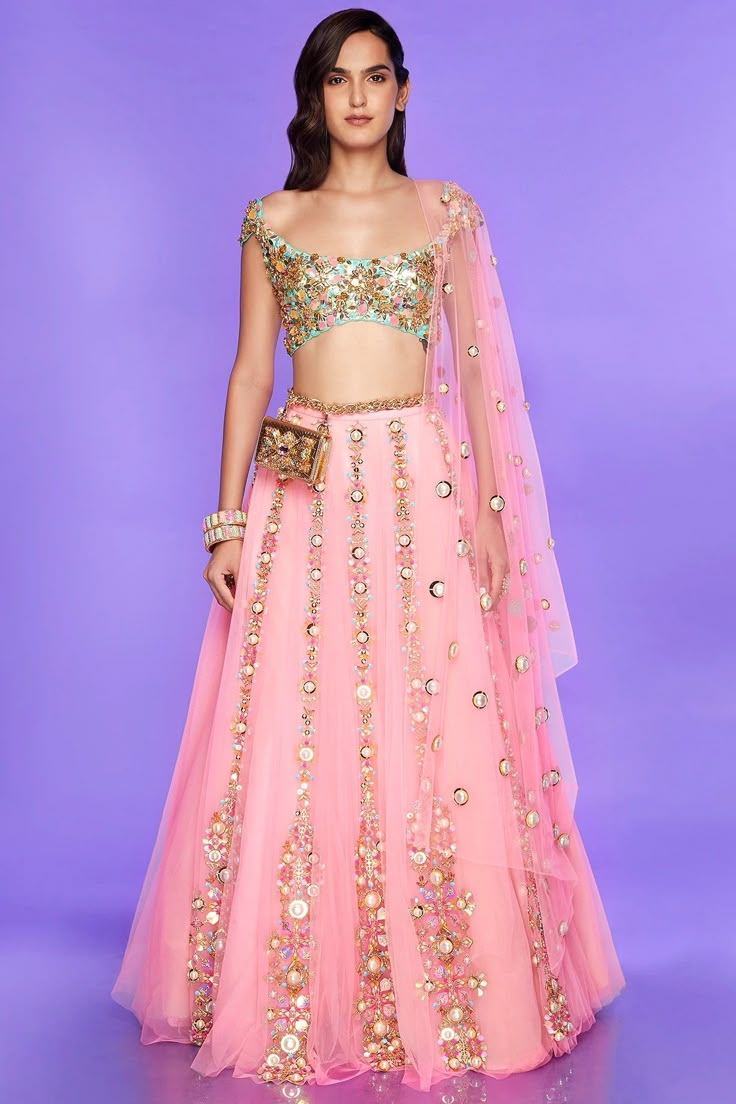 Pink Lengha, Tulle Lehenga, India Traditional Dress, Papa Don't Preach, Indian Sari Dress, Japan Osaka, Sari Dress, Bollywood Outfits, Pink Lehenga