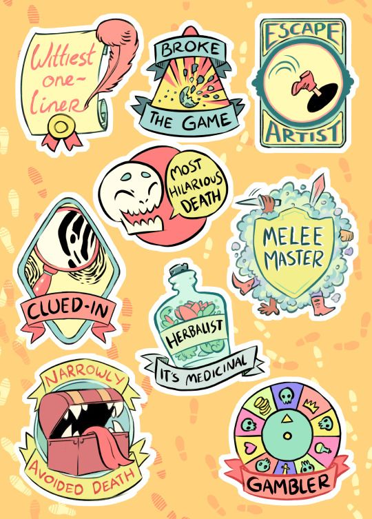 some stickers that are all different colors and shapes on a yellow background with words