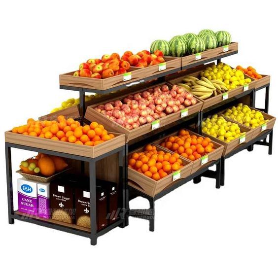 an assortment of fruits and vegetables displayed in wooden trays on display at a grocery store