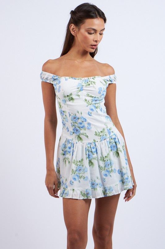 Featuring a off shoulder pleated mini dress with a printed foral design old blue floral Spring Strapless Off-shoulder Dress, Strapless Off Shoulder Dress For Spring, Feminine One-shoulder Mini Dress For Spring, Fitted Floral Print Off Shoulder Dress With Short Sleeves, Spring White Fitted Off Shoulder Dress, Spring Fitted White Off Shoulder Dress, White Fitted Off Shoulder Dress For Spring, Off Shoulder Dress With Straight Neckline For Brunch, Flirty Dress With Straight Neckline For Day Out