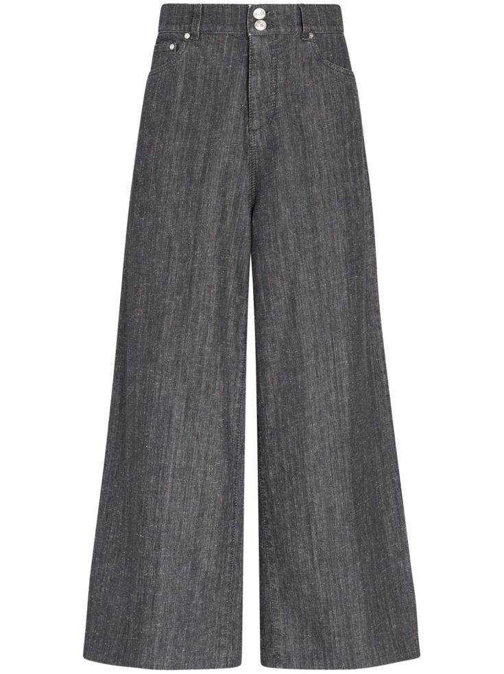 medium grey stretch-cotton denim appliqué detailing high-rise belt loops concealed fly and button fastening classic five pockets wide leg Gray Wide Leg Jeans For Summer, Elegant Wide Leg Relaxed Fit Jeans, Modern Denim Blue Wide-leg Pants, Modern Cropped Leg Flare Jeans With Belt Loops, Modern Wide-leg Denim Blue Pants, Modern Cropped Flare Jeans With Belt Loops, Modern Cropped Flare Jeans, Modern Wide Leg Cropped Jeans, Elegant Wide Leg Jeans With Five Pockets