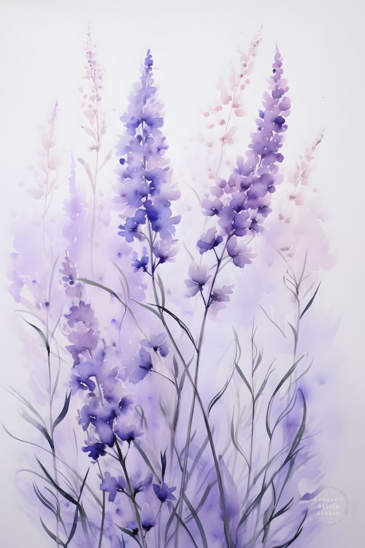 watercolor painting of purple flowers on white background