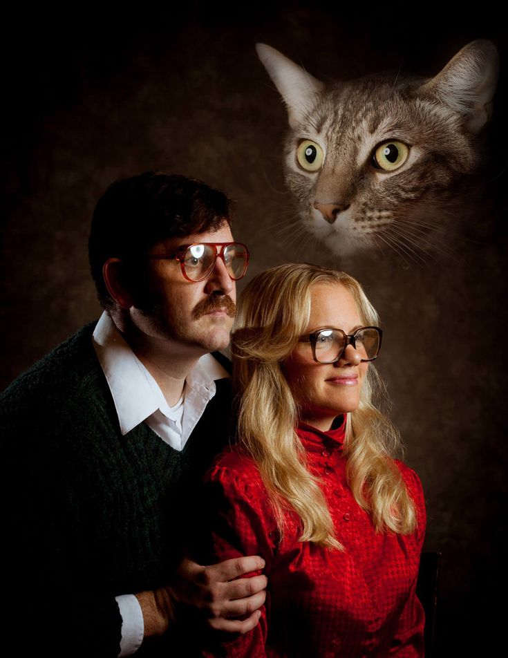 a man and woman pose for a photo with a cat on their head above them