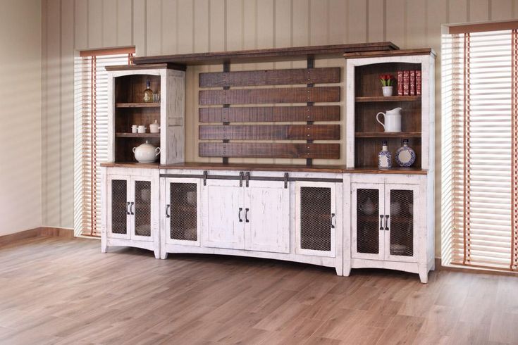 Greenview Sliding Door Media Set - Distressed White - Crafters and Weavers Tv Stand Plans, Rustic Entertainment Center, Barn Door Entertainment Center, Small Tv Stand, Tv Stand With Drawers, Entertainment Center Wall Unit, White Entertainment Center, White Barn Door, Fireplace Entertainment Center