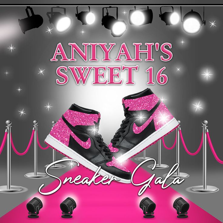 a poster for an event with pink and black shoes on the red carpet, surrounded by spotlights