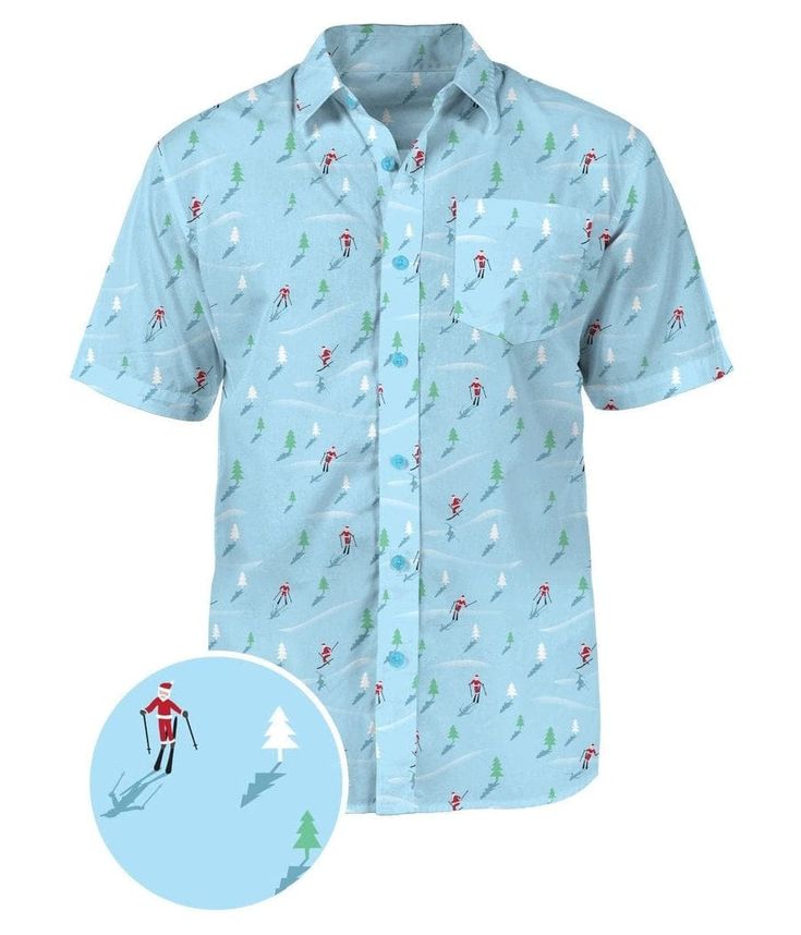 This Christmas, get your hands on this ultra-cool Men's Christmas Skiing Santa Button Down Shirt! Featuring a quirky skiing Santa on a Christmassy background, this shirt is perfect for a festive season full of cheer and joy. Put it on and make this holiday season unforgettable! Christmas Skiing, Christmas Outfit Men, Ski Print, Hawaiian Christmas, Tipsy Elves, Christmas Blue, Button Down Shirt Mens, White Cats, Christmas Men