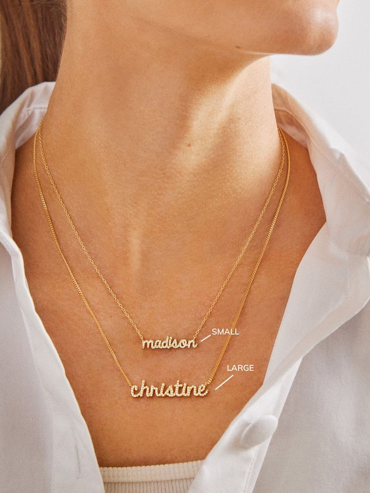 For those who like to add a little bit of sparkle to their personalized pieces, we designed the Pavé Custom Nameplate Necklace. Choose from either uppercase block or lowercase script font to make this style 100% you. The customization of your choice will be placed on a super dainty curb chain. "...after wearing [this necklace] almost daily, the 18K gold plated sterling silver looks as good as new" - Brides (Pavé Custom Nameplate Necklace) Small Name Necklace, 2 Name Necklace, Name Necklace Stack, Customized Letter Jewelry For Everyday, Everyday Customized Letter Jewelry, Classic Everyday Customizable Necklaces, Classic Everyday Customizable Necklace, Customizable Letter Jewelry For Everyday, Classic Customizable Name Necklace As Personalized Gift