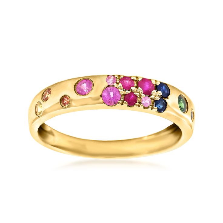 Ross-Simons - .46 ct. t. w. Multi-Gemstone Ring in 14kt Yellow Gold. Size 6. Dazzled with .46 ct. tot. gem wt. rubies, tsavorites and blue, pink, orange and yellow sapphires, this colorful ring showcases its celebratory spirit in an understated way. Finely crafted in polished 14kt yellow gold. 1/8" wide. Multi-gemstone ring. Ruby birthstones are the perfect gift for July birthdays. Fine Jewelry Yellow Gold Multi-stone Diamond Ring, Fine Jewelry Yellow Gold Multi-stone Ring, Yellow Gold Multi-stone Diamond Rings, Yellow Gold Multi-stone Rings Fine Jewelry, 14k Gold Multi-stone Sapphire Anniversary Ring, Multicolor 14k Gold Diamond Ring For Anniversary, 14k Gold Multicolor Diamond Anniversary Ring, Anniversary 14k Gold Multicolor Diamond Ring, Fine Jewelry Multi-stone Round Cut Diamond Ring