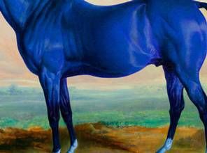 a painting of a blue horse standing in a field