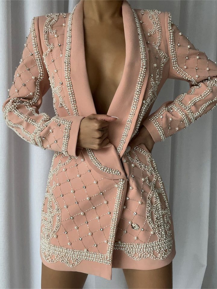 NAUTA Pearls Beaded Blazer Dress – ZCRAVE Beaded Blazer, Tutorials Drawing, Satin Blazer, Feather Dress, Leather Blazer, Accessories Jacket, 50's Dress, Blazer Dress, Beautiful Fashion