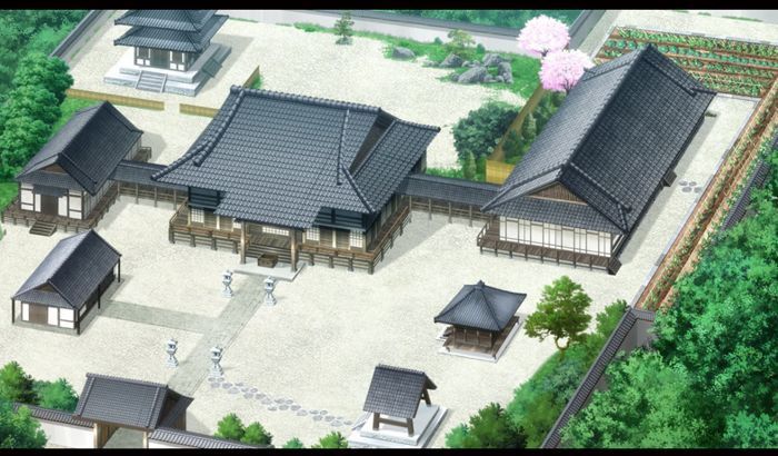 an artist's rendering of a traditional japanese house in the middle of a park