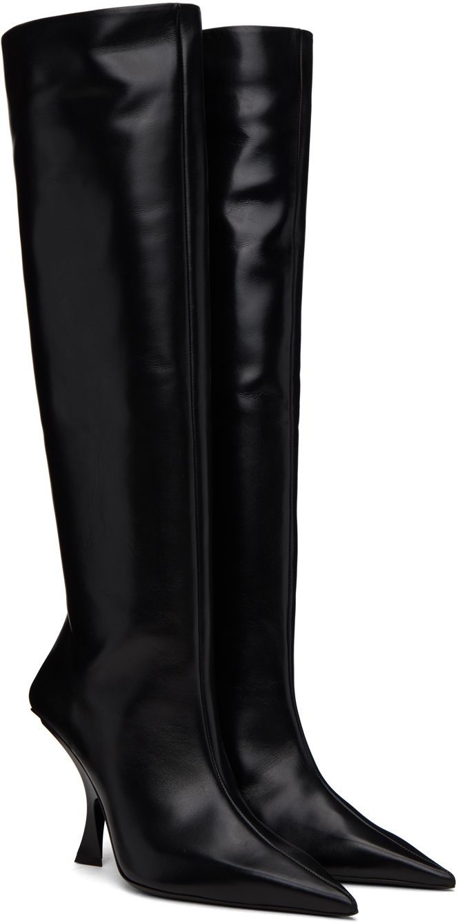 Knee-high buffed leather boots in black. · Pointed toe · Zip closure at inner side · Stiletto heel with rubber injection · Leather sole · Heel: H3.5 Supplier color: Black Evening Heeled Boots With Snip Toe And Leather Lining, Evening Heeled Boots With Leather Lining And Snip Toe, Calf Leather High Heeled Boots With Rubber Cap, Black Calf Leather Heeled Boots With Reinforced Heel, Black Heeled Boots With Wide Calf In Calf Leather, Wide Calf High Heel Boots In Calf Leather, Classic Platform Boots With Pointed Toe And Reinforced Heel, Sleek Evening Boots With Leather Lining, Evening Boots With Leather Lining And Snip Toe