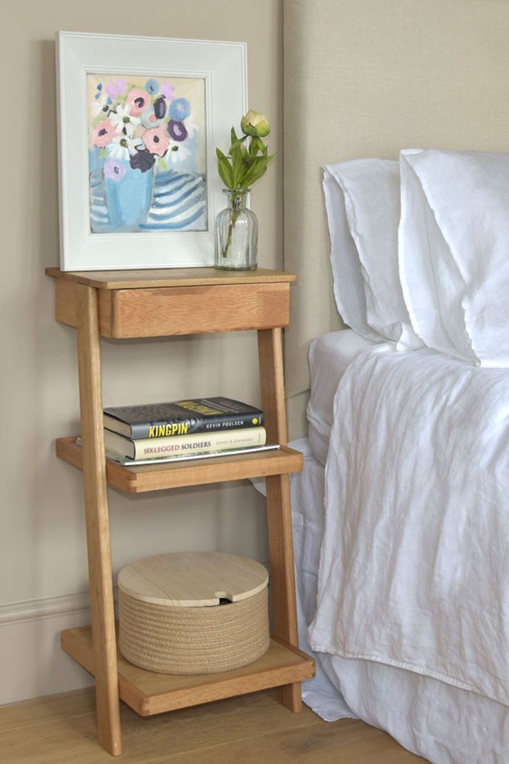 Futon Company Oak Leaning Laya Narrow Bedside Table Bedroom Small Table, Slim Bedside Cabinet, Mini Side Tables Bedroom, Narrow Bedside Table Ideas, Small Bedside Table Ideas, Slim Nightstand, Tiny Bedside Table, Scandi Lounge, Scandi Bedside Table