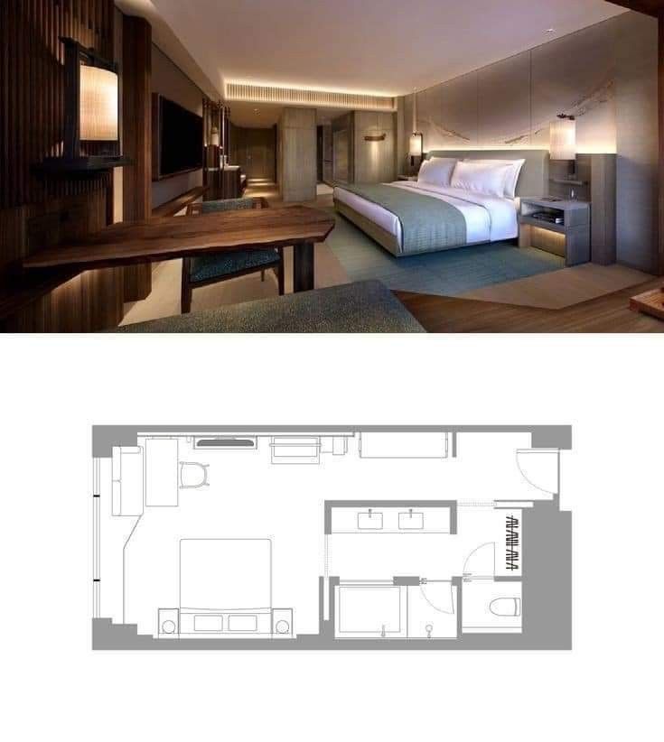 a floor plan for a hotel room with a bed, desk and television in it