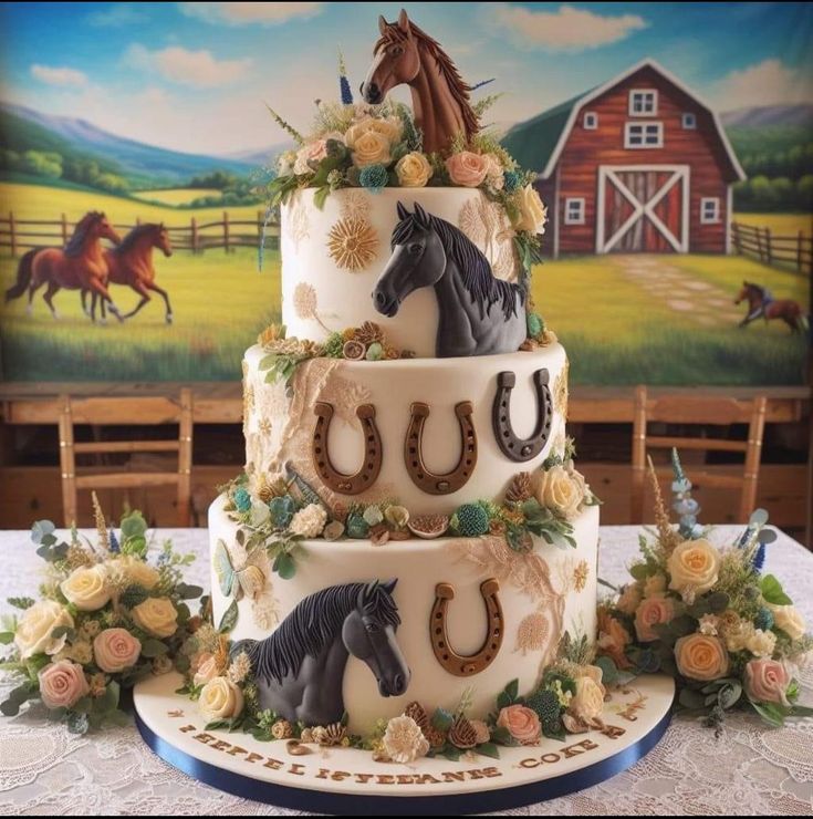 a three tiered cake with horses and horseshoes on the top is surrounded by flowers