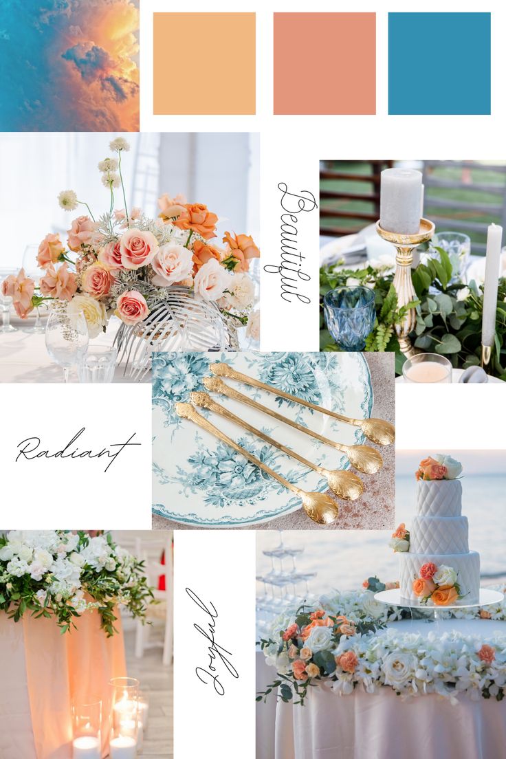 a collage of photos with flowers, candles and wedding cake on it's table