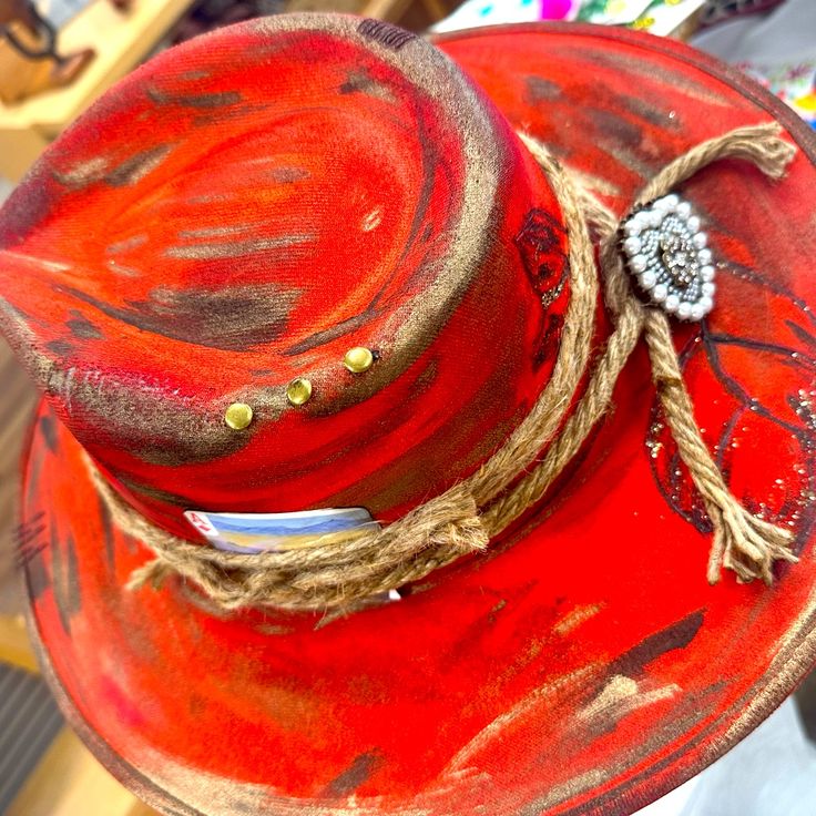 Custom Design Rodeo Hat By M.R.H. Out Of Las Vegas! Purchased From The Designer! We Are Just Amazed By Their Beauty And Style!! Enjoy!! No Two Hats Are Alike!! Red Country Style Hat, Red Wide Brim Fedora For Rodeo, Red Fedora Hat For Country Events, Red Brimmed Fedora For Festival, Red Fedora For Country Events, Red Wide Brim Country Hat, Red Flat Brim Hat For Country Events, Country Style Red Beach Hat, Red Country Style Beach Hat