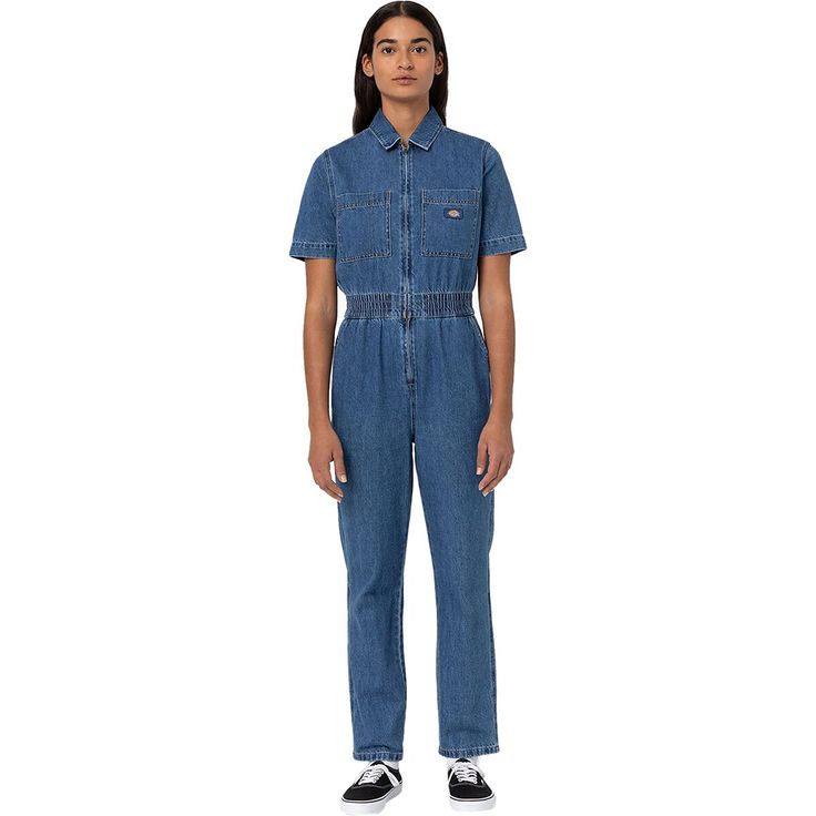 Every wardrobe needs a denim jumpsuit. Our Houston denim coveralls are crafted from 100% cotton denim for an all-season staple thats made to last. The timeless piece offers a utility-inspired aesthetic with its functional chest pockets and zippered front closure. The short sleeve coveralls have a stretchy waistband for a flattering fit. Dickies Coveralls Women, Medium Wash Relaxed Fit Denim Utility Jumpsuit, Utility Style Medium Wash Denim Overall Jumpsuit, Utility Medium Wash Denim Overall Jumpsuit, Utility Denim Blue Relaxed Fit Jumpsuit, Utility Medium Wash Denim Overalls, Denim Blue Relaxed Fit Utility Jumpsuit, Workwear Medium Wash Cotton Jumpsuit, Medium Wash Cotton Jumpsuit For Work