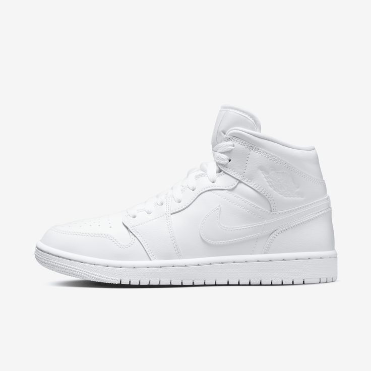 Never mess with a classic. Keep heritage on your feet with a white-on-white look that will never go out of style. Air Jordan 1 Mid Women, Jordan Air 1 Mid, Air Jordan Mid, Nike Jordan 1 Mid, Jordan 1 Mid White, Jordan Mid, Perfect Sneakers, Jordan Model, Jordan Logo