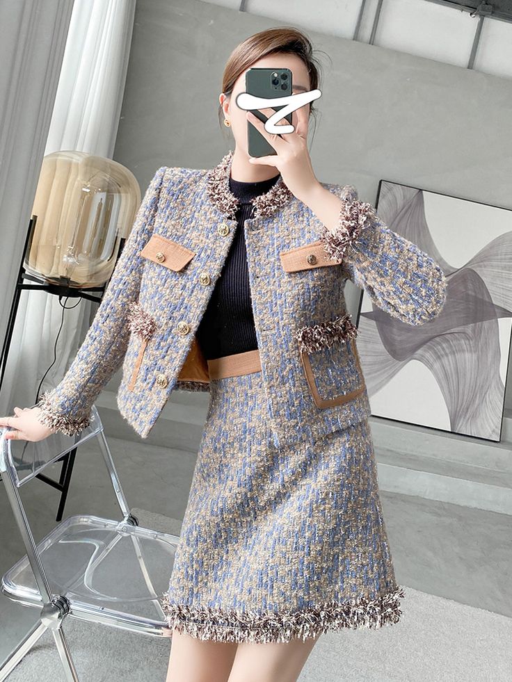 Socialite Woman Tweed Skirt Suit Autumn and Winter Temperament Long Sleeve Short Coat and Midi Hip Tweed Skirt Suit, Metallic Jeans, Hip Skirt, Tweed Skirt, Short Coat, Skirt Suit, Autumn And Winter, Two Piece, Skirt