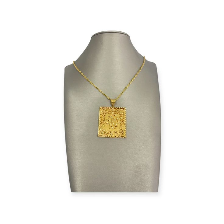 Discover the divine elegance of our 21K Gold Allah Pendant, a symbol of faith and devotion. Crafted in a sleek and timeless rectangle shape, this pendant encapsulates the reverence and beauty of spirituality. Embrace the radiance of this exquisite piece, as it delicately rests near your heart, honoring your connection to a higher power with its exquisite craftsmanship and golden allure. 22.84 grams Luxury Gold Necklace With Rectangular Stone, Luxury Rectangular Pendant Necklace For Wedding, Luxury Gold Plated Necklace With Rectangular Pendant, Luxury Gold Plated Rectangular Pendant Necklace, Luxury Gold-plated Necklace With Rectangular Pendant, Gold Necklaces With Rectangular Stone For Formal Occasions, Luxury Gold Rectangular Necklace, Yellow Gold Rectangular Amulet Jewelry, Rectangular Yellow Gold Amulet Jewelry