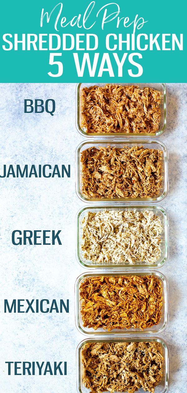 four glass containers filled with shredded chicken and five ways to make it in the microwave