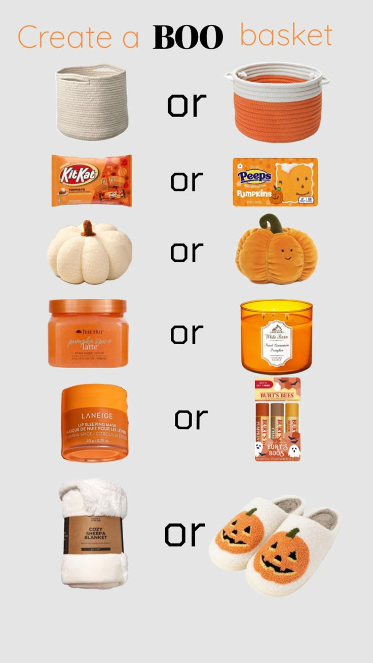 an orange and white poster with the words create a boo basket or halloween treat on it