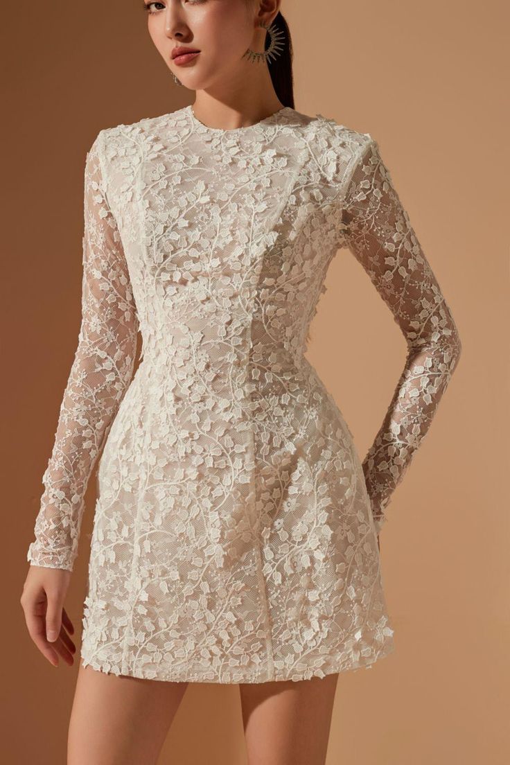 Sabrina A-line Round Neck Lace Mini Dress - MEAN BLVD Winter Bride Reception Dress, Beautiful White Dresses Short, Long Sleeve Short Reception Dress, Short Wedding Dress Vegas, Elegant White Dress Short, Anniversary Dress Ideas, Engagement Dresses Elegant, Engagement Dress Elegant, Engagement Preparation