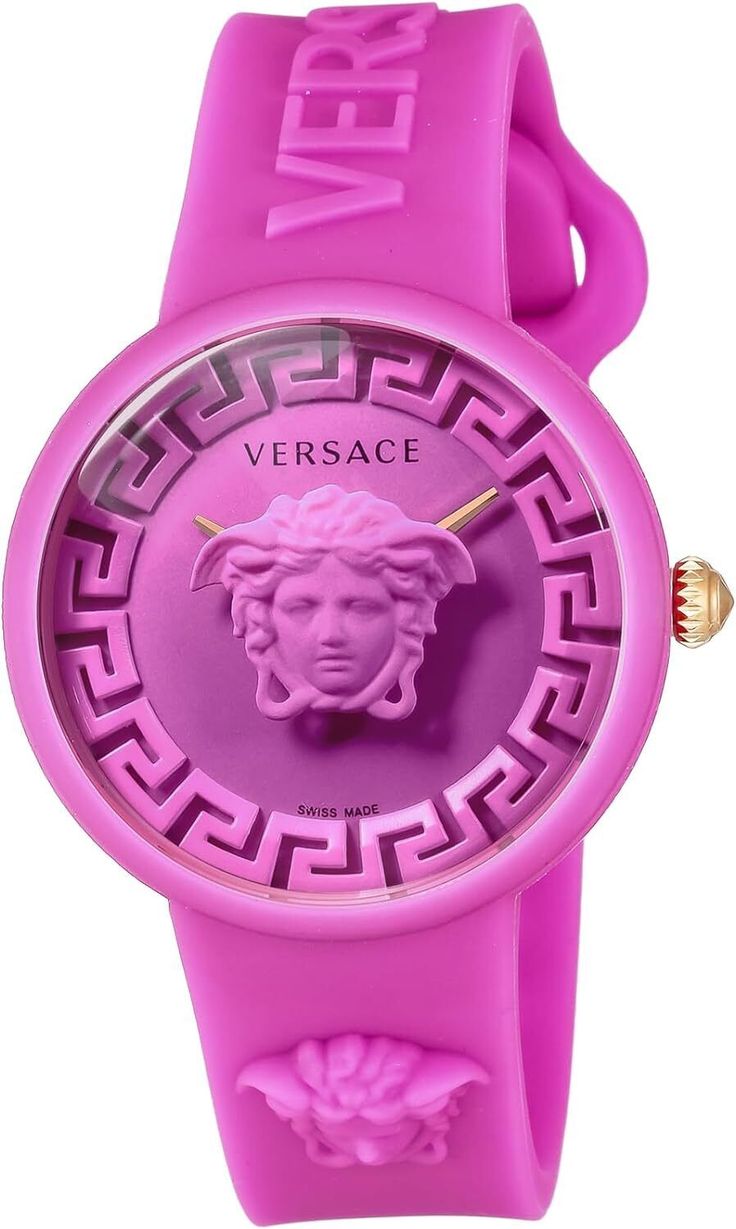 Versace MEDUSA POP VE6G00323 Pink Watch DescriptionBrand: Versace Model number VE6G00323 Model number VE6G00323 Case Shape: Round Windshield material: Sapphire Display Type Analog Clasp Buckle Case Material: Silicone Case diameter/width 39 millimeters Case thickness 12.5 millimeters Band Material/Type: Silicone Band Size: Unisex Band Color: Pink Dial Color Pink Bezel Material: Silicon Bezel Features Fixed Bezel Calendar function No calendar Movement Quartz Payment Please pay within 5 days after the auction closed. Shipping Shipping is by Fedex, DHL or Japan Post. Preference will be given to couriers with shorter shipping times. Delivery is about 1 week. Please a message in the case of expedited shipping. Returns Returns are accepted ONLY if the item was not the item described. Internationa Modern Pink Chronograph Watch, Pink Chronograph Watch As Gift, Modern Purple Watch With Round Dial, Pink Chronograph Watch For Gift, Modern Pink Round Dial Watches, Designer Analog Watch With Round Dial, Pink Analog Watch Accessories With Round Dial, Pink Analog Watch With Round Dial, Designer Watches With Analog Display And Round Dial