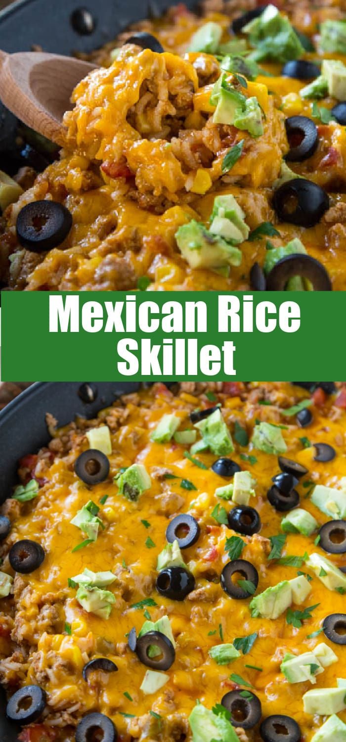 mexican rice skillet with black olives and avocado