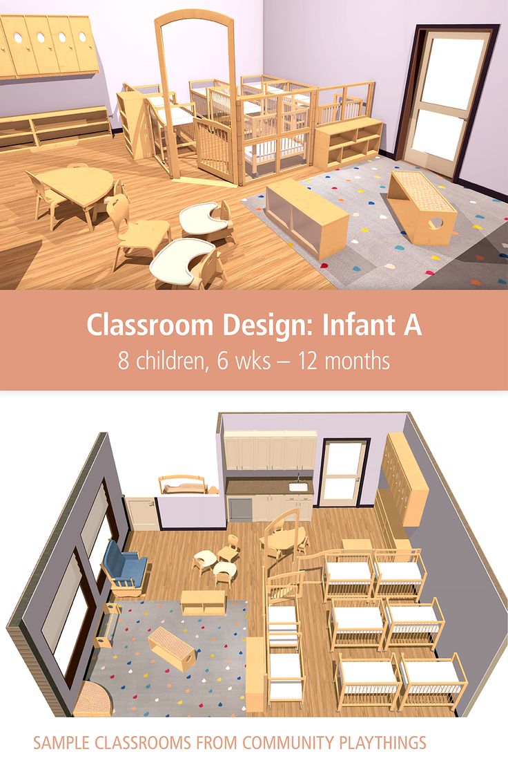 This layout design for an Infant classroom includes a protective, gated divider around a napping area, a carpeted play area, cubbies, and separated feeding and diapering areas. Click through to view the labeled floor plan and 3-D rendering, plus a complete pricelist, so you can purchase furniture for a whole room or pick and choose ideas. Visit our “Classroom Layout Designs” board to explore more! Preschool Infant Room, Group Family Daycare Setup, Infant Room Design, Small Childcare Room Ideas, Montessori Infant Classroom Layout, Daycare Center Infant Room Ideas, Infant Room Set Up Daycare, Small Infant Room Daycare Layout, Daycare Furniture Ideas