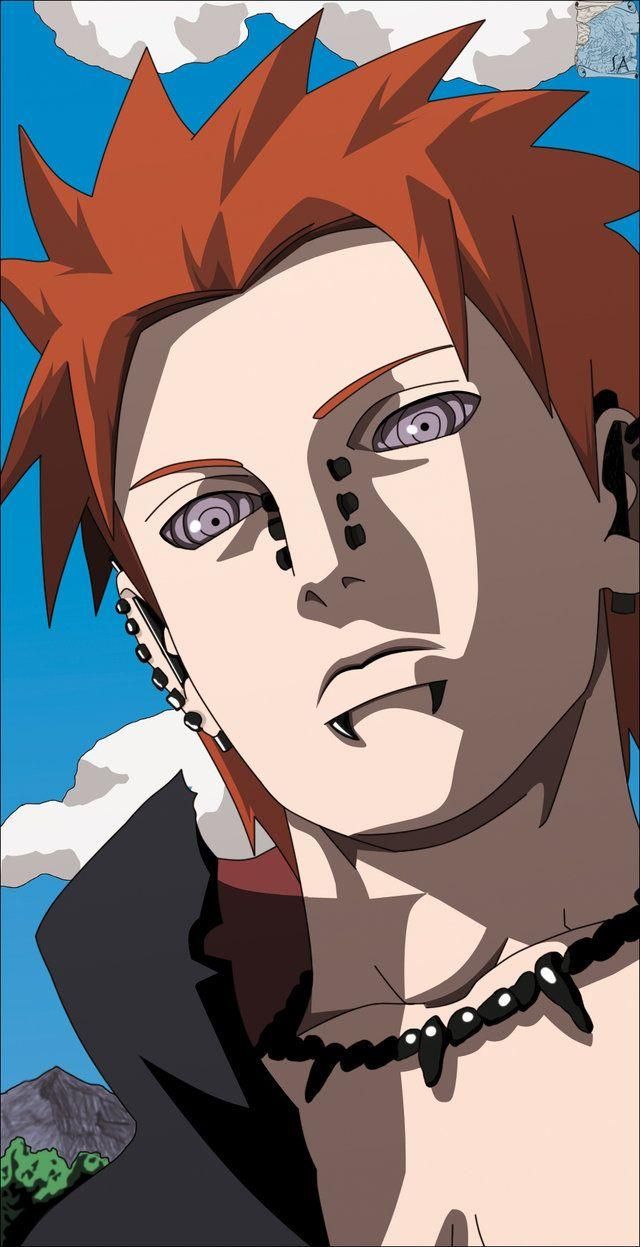 an anime character with red hair and piercings on his face, staring at the camera