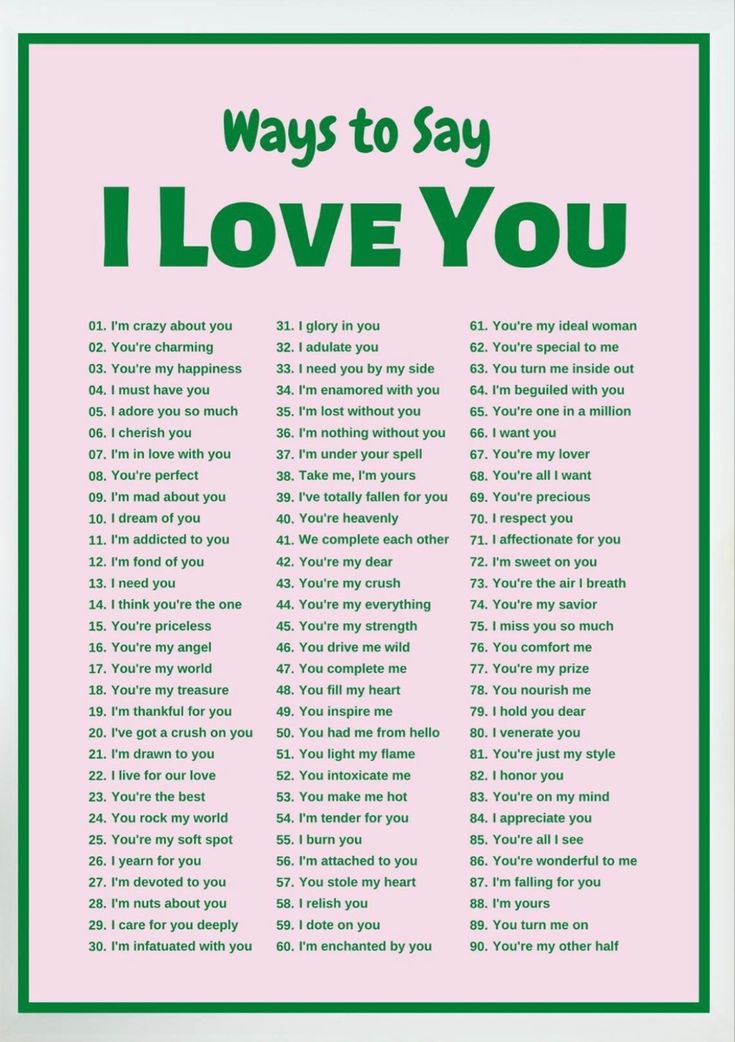 a poster with the words i love you written in green on pink and white background