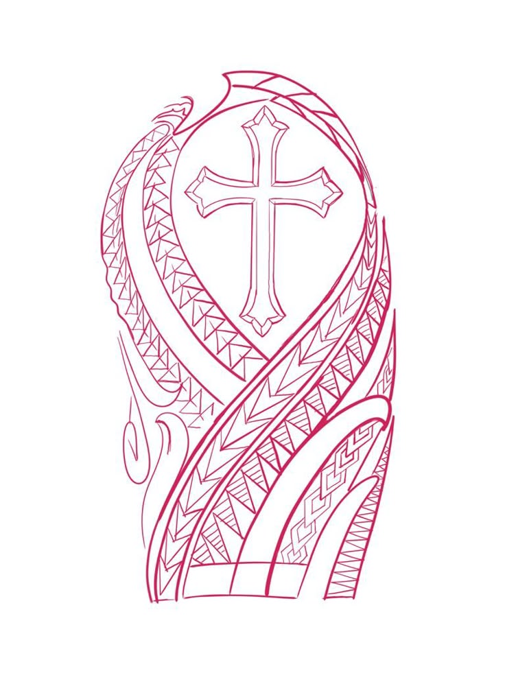 a drawing of a cross in the shape of a heart with an intricate design on it