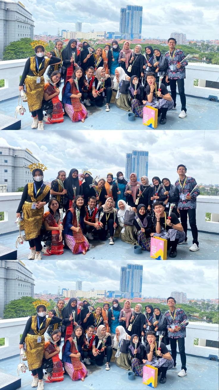 two pictures of people posing in front of a building and one is taking a selfie