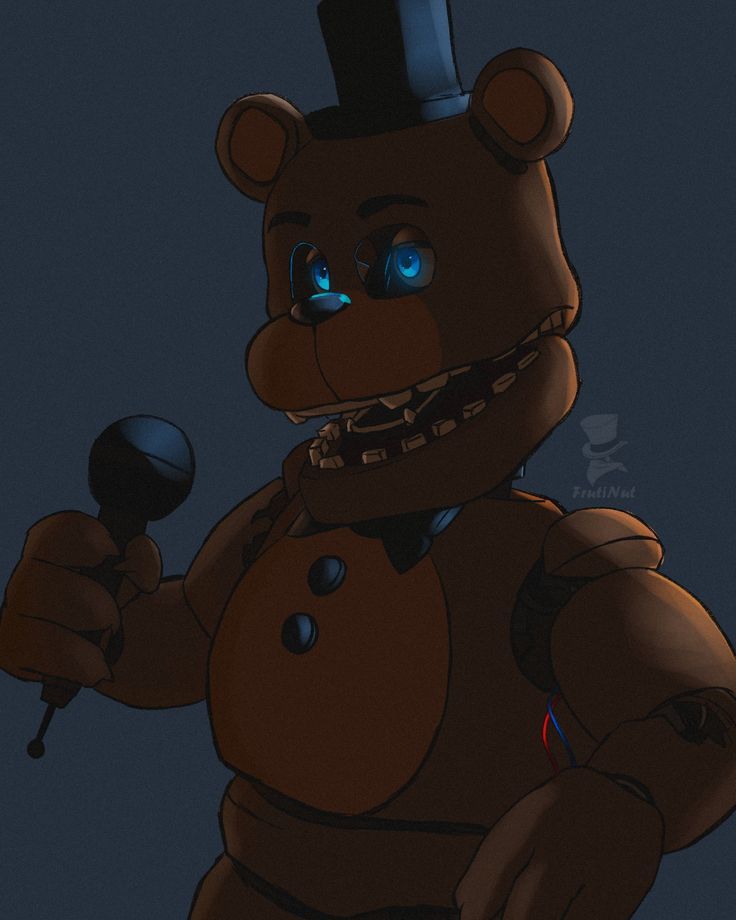 a cartoon bear with blue eyes holding a microphone