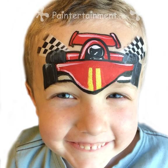 Race car from "Painting Boys" book by Gretchen Fleener www.paintertainment.com Face Painting For Boys, Kids Face Paint, Nursery Mural, Boy Face, Face Painting Designs, Art Corner, Facepaint, Face Design, Car Painting