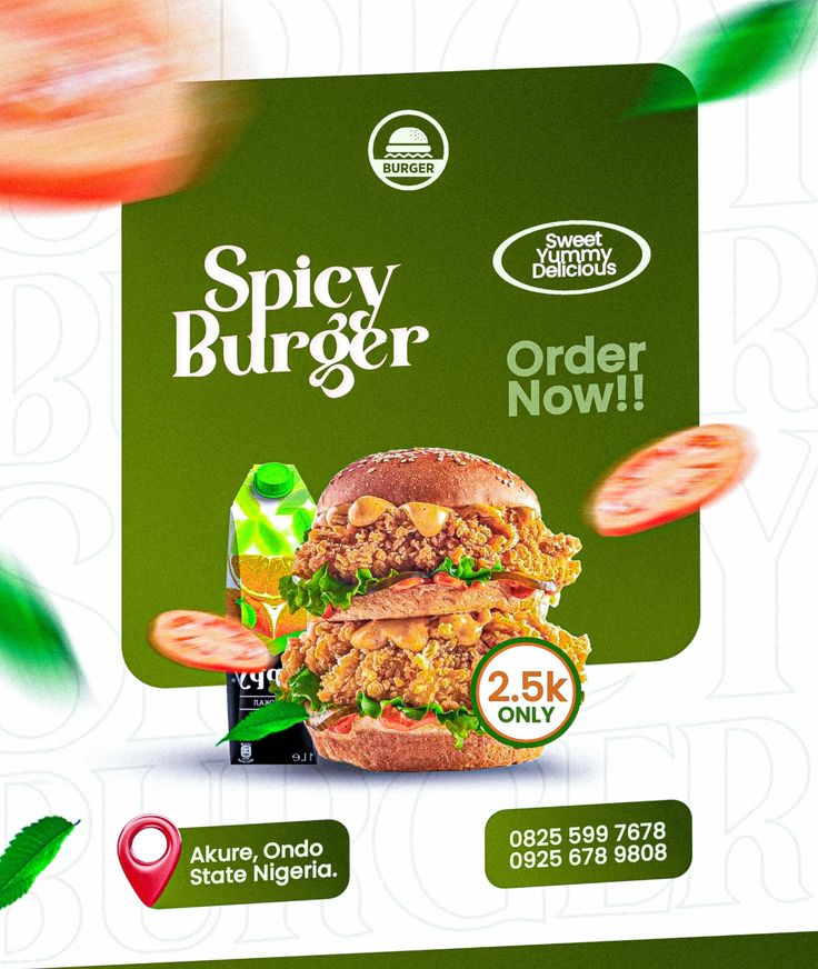 an advertisement for spicy burgers is shown in front of a green and white background