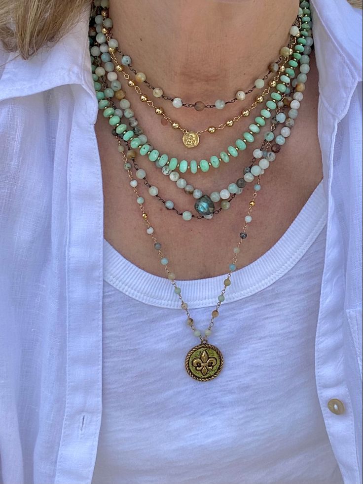 Layering necklace. Gemstone beads necklace. Mothersday gift. Coin pendant. Fleur De Lis. Socal Style, Mothersday Gift, Amazonite Necklace, Trendy Necklaces, Necklace Beaded, Necklace Gemstone, Bora Bora, Layering Necklace, Crown Chakra