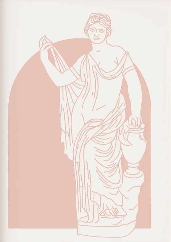 a drawing of a woman holding a vase in her right hand and standing next to a wall