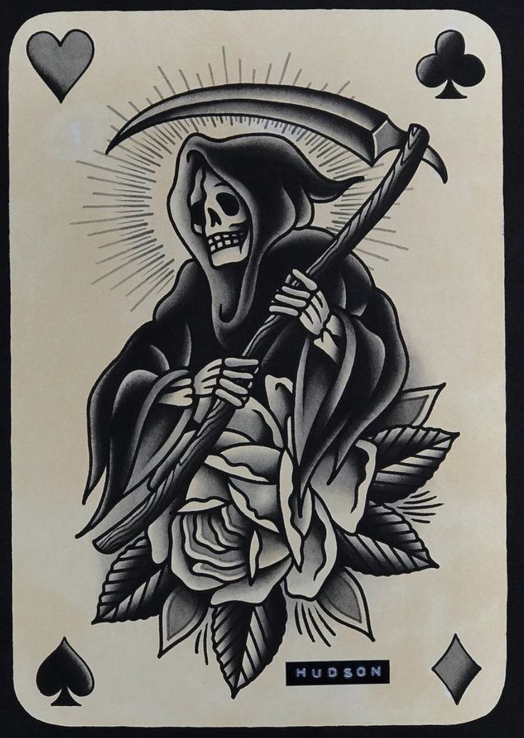 a playing card with a skeleton holding a knife