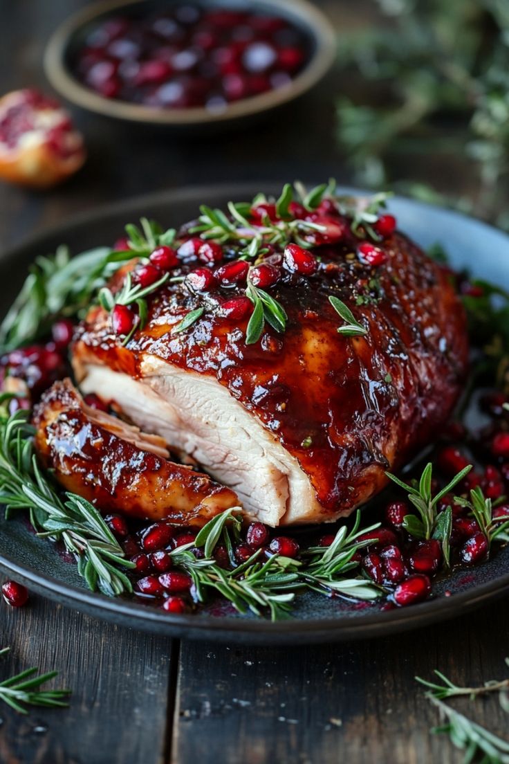 Roasted turkey breast garnished with rosemary and pomegranate seeds. Unique Turkey Recipes Thanksgiving, Easy Christmas Turkey Recipes, Christmas Holiday Dinner Ideas, Meat Recipes For Thanksgiving, Chicken Dishes For Christmas Dinner, Main Thanksgiving Dishes, Non Traditional Turkey Recipe, Holiday Dinner For Two, Shredded Turkey Breast Recipes