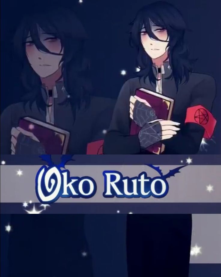 two anime characters are holding books in their hands and the words oko ruto written below them