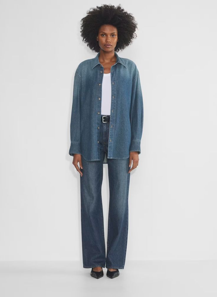 THE '90S CLASSIC DENIM SHIRT | Aritzia Light Wash Relaxed Fit Denim Top, Oversized Medium Wash Jeans For Everyday, Relaxed Fit Washed Blue Denim Jacket For Summer, Loose Fit Medium Wash Jeans For Everyday, Fall Denim Blue Relaxed Fit Top, Relaxed Fit Medium Wash Denim Top, Washed Relaxed Fit Denim Top For Fall, Unstructured Denim Jacket, Relaxed Fit Washed Blue Denim Top