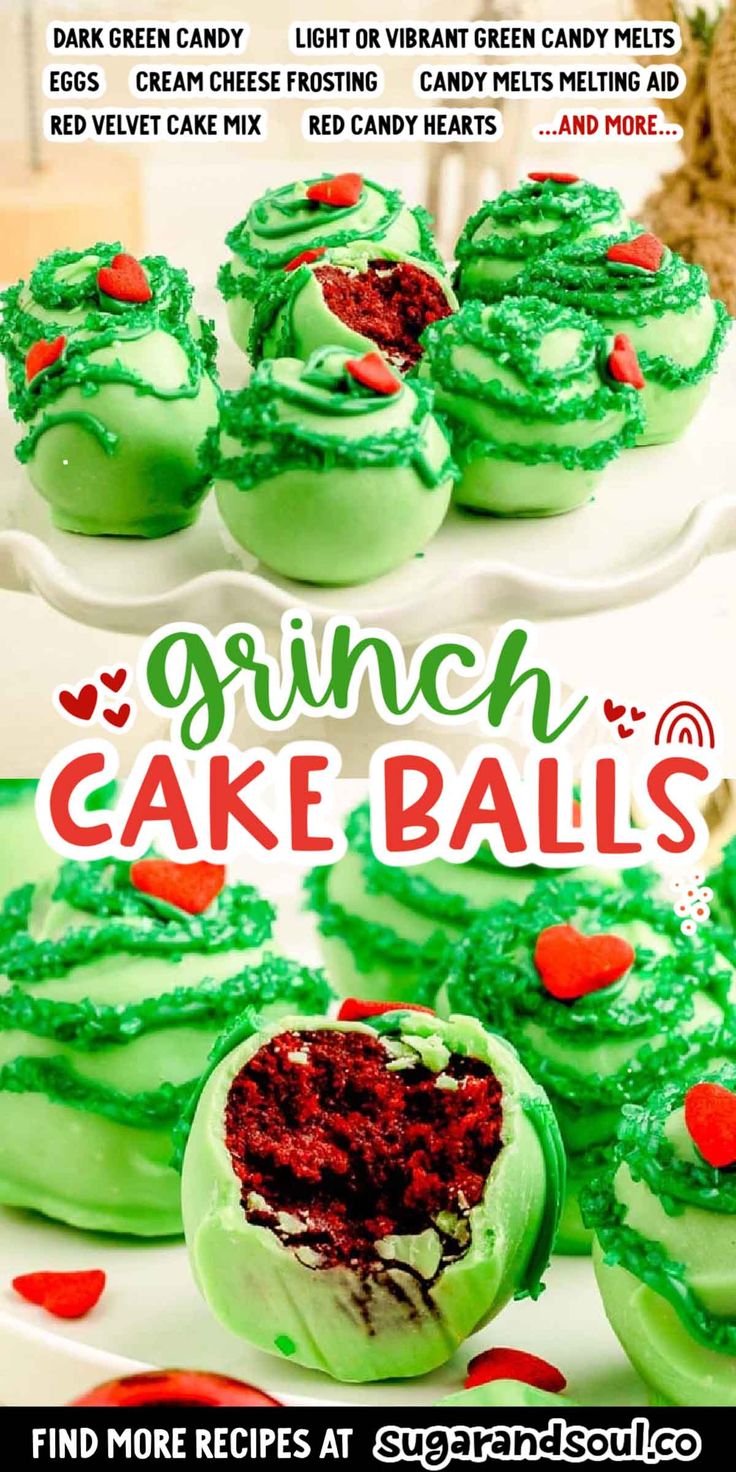 green cupcakes with red hearts on them and the words grinch cake balls